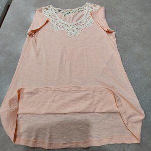 JOE FRESH Women's Cotton Blend Cap Sleeves Tee w/Ivory Lace Trim Neckline - Pink